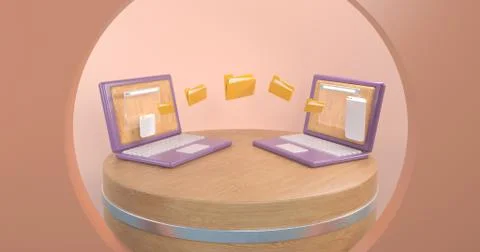 3d rendering of podium and laptop. Stock Illustration