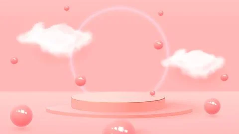 3D rendering of a podium box with balls and clouds. Bouncing balls, pastel Stock Illustration