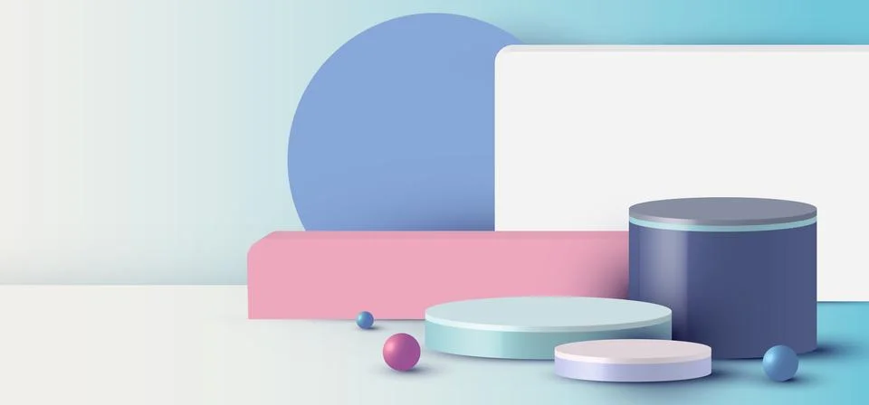 3D rendering with podium cylinder, sphere, rectangle abstract minimal scene w Stockillustratie