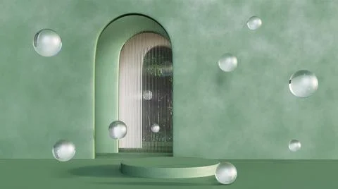 3D rendering of podium with green concept, glass balls and archs Stock Illustration