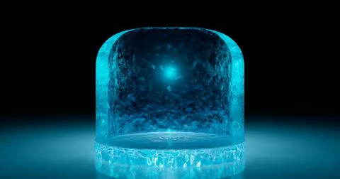 3D rendering. A podium or stand made of a solid piece of ice of a round shape Stock Illustration