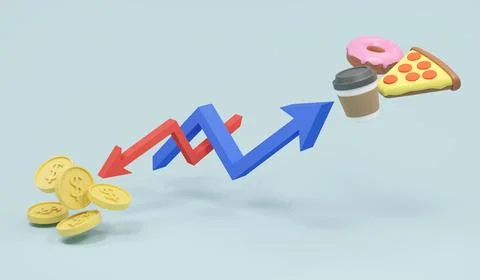 3d Rendering pointing down of graph of money and rise up of graph of food c.. Stock Illustration