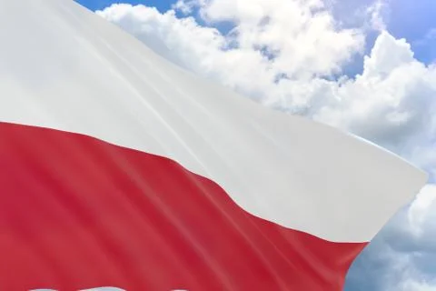 3D rendering of Poland flag waving on blue sky background Stock Illustration