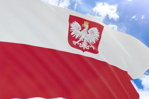 3D rendering of Poland flag waving on blue sky background Stock Illustration