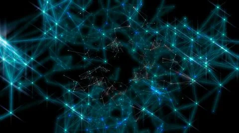 3D rendering of polygonal connected elements glowing in the black background Stockillustratie