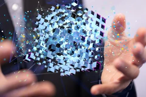 A 3d rendering of polygonal wireframe art looks like constellation with binar Stockfoto's