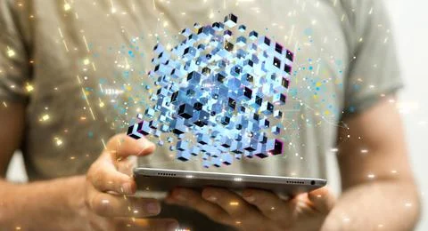 A 3d rendering of polygonal wireframe art looks like constellation floating o Stockfoto's