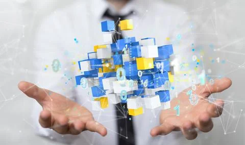 3D rendering of Polygonal wireframe floating on male's hands-Analytics Data clou Stock Photos