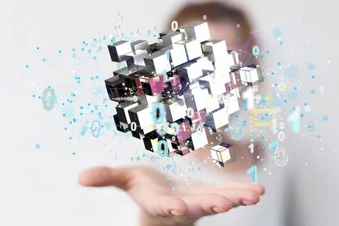 3D rendering of Polygonal wireframe over a hand-Augmented Analytics Data cloud s Stock Photos