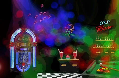 3d rendering of pool table with disco ball and beautiful, colorfulneon signs Illustrazione stock