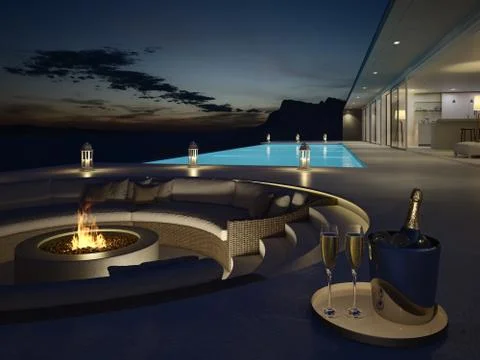 3d rendering of pool villa with champagne. new years eve Stock Illustration