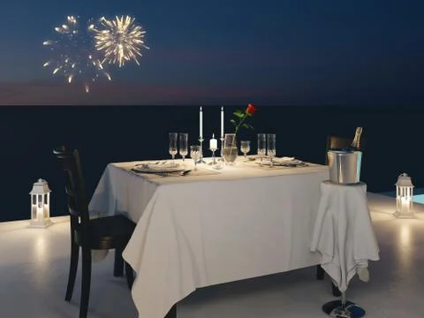 3d rendering of pool villa with champagne. new years eve Stock Illustration