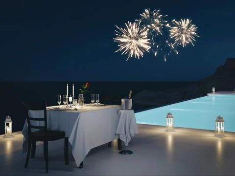3d rendering of pool villa with champagne. new years eve Stock Illustration