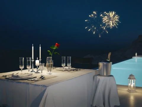 3d rendering of pool villa with champagne. new years eve Stock Illustration