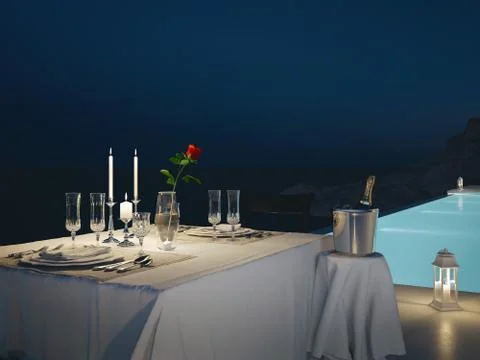 3d rendering of pool villa with champagne. new years eve Ilustración de archivo