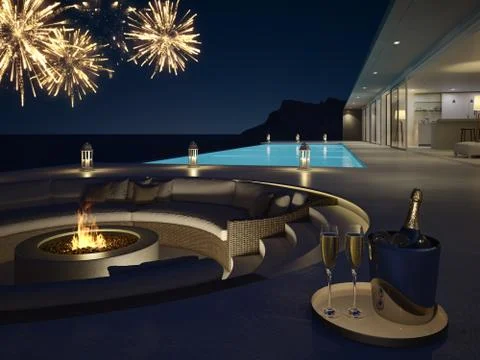 3d rendering of pool villa with fireworks and champagne. new years eve Stock Illustration