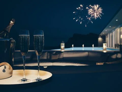 3d rendering of pool villa with fireworks and champagne. new years eve Stock Illustration