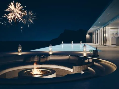 3d rendering of pool villa with fireworks and champagne. new years eve Illustrazione stock