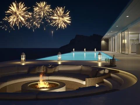 3d rendering of pool villa with fireworks and champagne. new years eve Stock Illustration