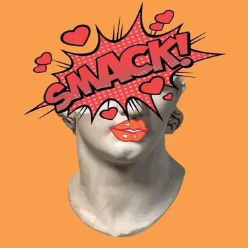 A 3D rendering of a pop art edit of the Apollo statue with the word "SMACK" w Stock Illustration