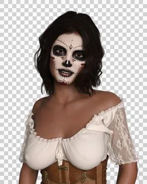 3D rendering portrait of a beautiful young brunette woman wearing sugar skull Stock Illustration