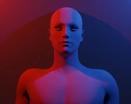 3D rendering of a portrait of a red matte bald woman on a white background. Stock Illustration