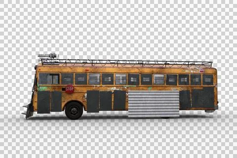 3D rendering of a post apocalyptic armour plated yellow bus isolated on a tra Illustrazione stock