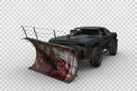 3D rendering of a post apocalyptic car with zombie plow isolated on a transpa Stock Illustration