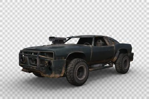 3D rendering of a post apocalyptic car isolated on a transparent background. Stock Illustration