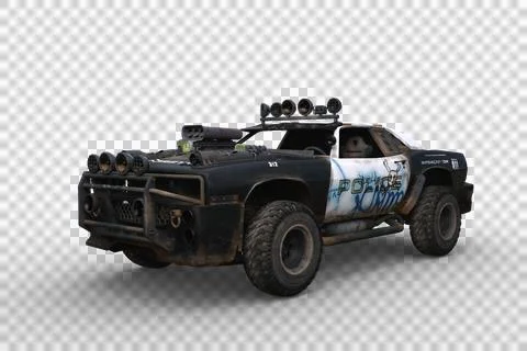 3D rendering of a post apocalyptic police car isolated on a transparent backg Stock Illustration