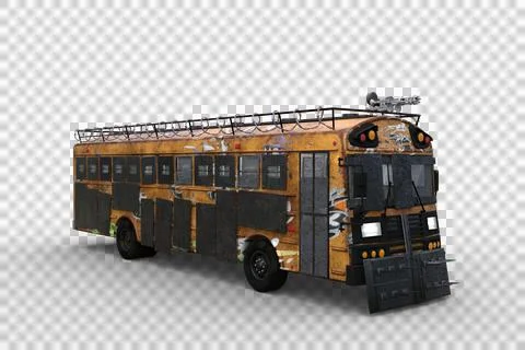 3D rendering of a post apocalyptic school bus isolated on a transparent backg Stock Illustration
