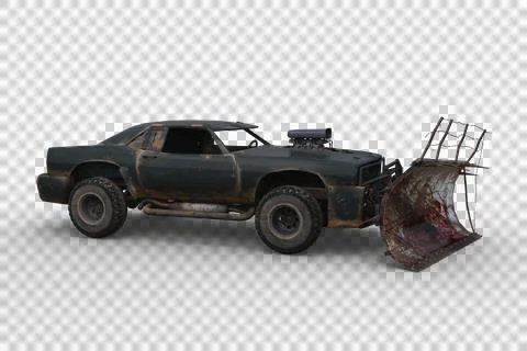 3D rendering of a post apocalyptic vehicle with blood stained plow isolated o Stock Illustration