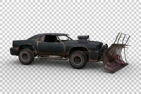 3D rendering of a post apocalyptic vehicle with blood stained plow isolated o Stock Illustration
