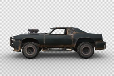 3D rendering of a post apocalyptic vehicle isolated on a transparent backgrou Illustrazione stock