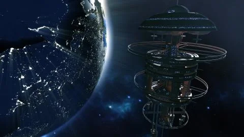 3d rendering. Powerful spacestation with city lighted earth globe Stock Illustration