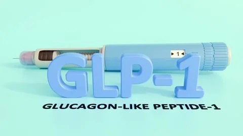 A 3d rendering of pre-filled injection pen with letters spell out GLP-1 Stock Illustration