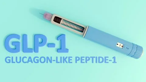 A 3d rendering of pre-filled injection pen with letters spell out GLP-1 Stock Illustration