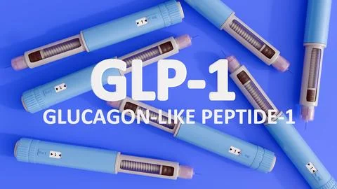A 3d rendering of pre-filled injection pen with letters spell out GLP-1 Stock Illustration
