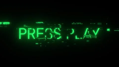 3D rendering press play text with screen effects of technological glitches 库存插图