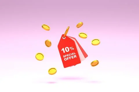 3D Rendering. Price tag with 10 percent discount and surrounded with coins .. Stock Illustration