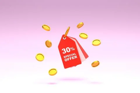 3D Rendering. Price tag with 30 percent discount and surrounded with coins .. Stock Photos