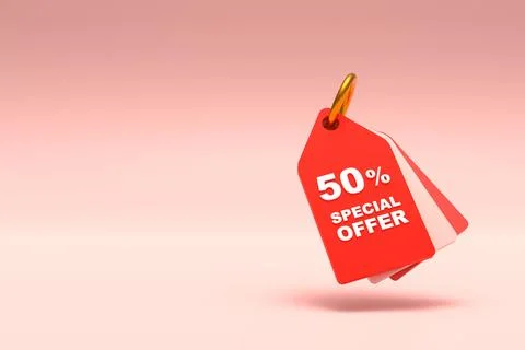 3D Rendering. Price tag with 50 percent discount and free space for texting.. Stock Illustration