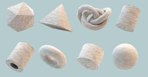 3d rendering primitives made from white bricks. Sphere,cube,oil tank, torus Stock Illustration