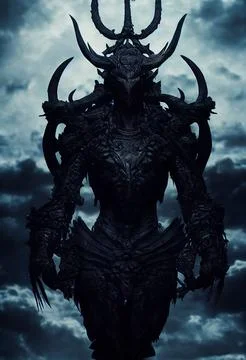 3D rendering of the Prince of Darkness walking through gray and ominous clouds Illustrazione stock