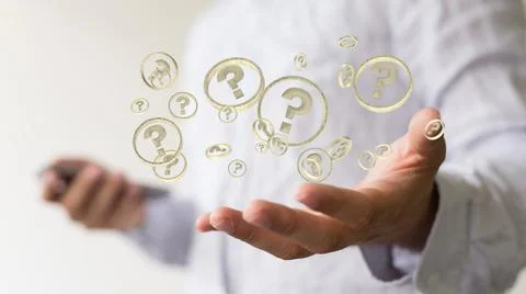 3d rendering of a problem-solving concept with digital question marks floating b Stock Photos