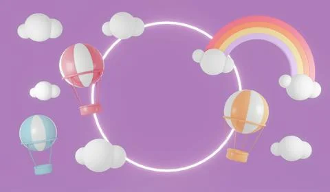 3D Rendering product display circle rings with rainbow clouds hot air ballo.. Stock Illustration