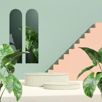 3D rendering product display podium with plants in front, geometric stairs, arch 스톡 일러스트