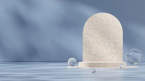 3D rendering of a product display podium with glass spheres and a white arch 스톡 일러스트