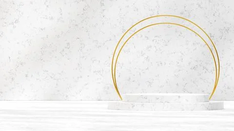 3D rendering of a product display podium and a golden ring against a white marbl Illustrazione stock