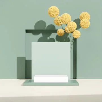 3D rendering product display rectangle podium with yellow flowers on a green bac Foto stock